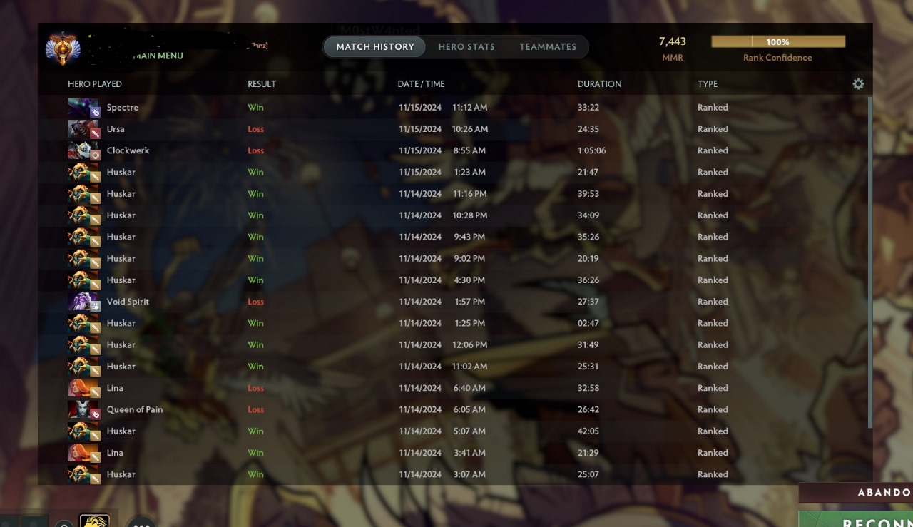 Home 15 Dota 2 Match History - 7443 MMR